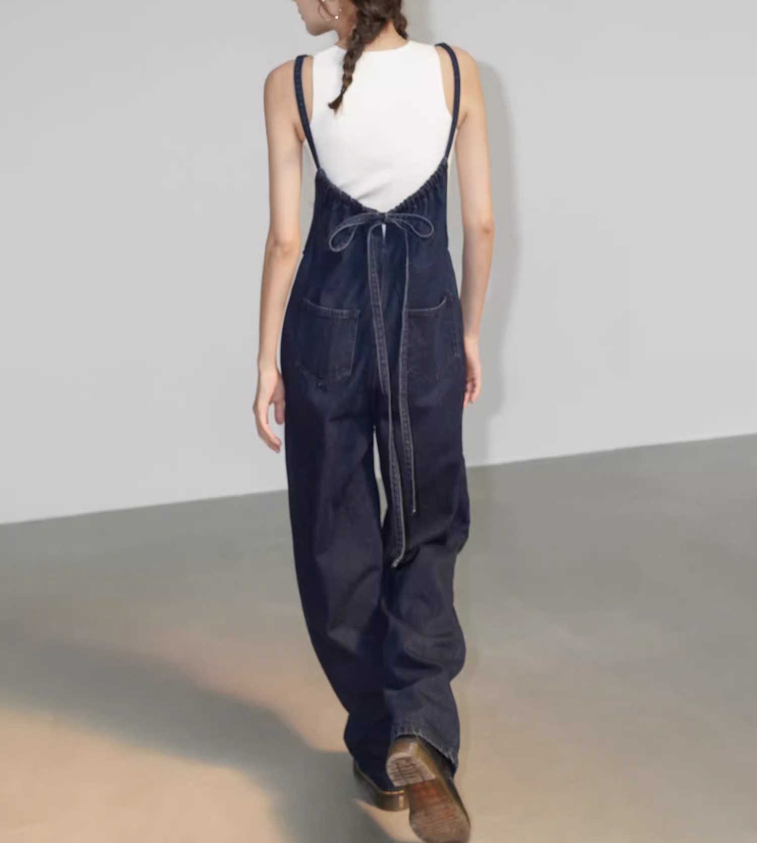 サロペット フルレングス オールインワン ジャンプ 袖無し レディース ワイド パンツ ストレート バックリボン ブルーデニム ネイビー 春 夏 秋 冬 S M L アウトドア 公園 旅行 ゆったり マタニティ シンプル 脚長 体型カバー 送料無料