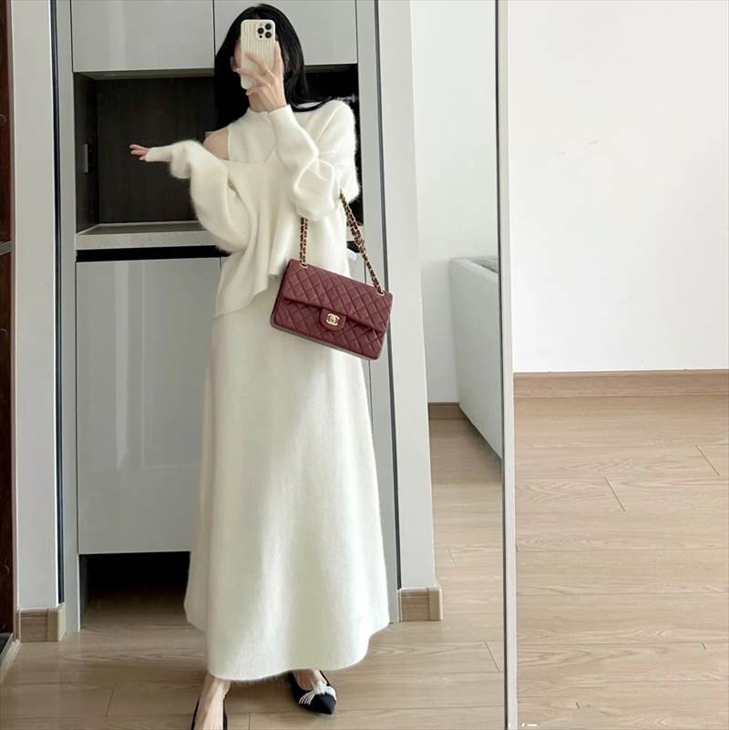 トップス ワンピース セットアップ レディース ニットワンピ ロング 袖なし ノースリーブ 長袖 Vネック..