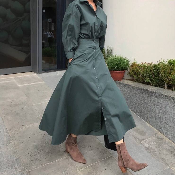 フレアワンピース レディース ロングシャツ ウエストマーク ボリューム Aライン Vライン 襟付き 長袖 無地 春 秋 オフィス お呼ばれ 女子会 20代 30代 40代 きれいめ ゆったり カジュアル クール 上品 おしゃれ 細見え 大人 こなれ感 モード系 オルチャン 韓国 2色展開