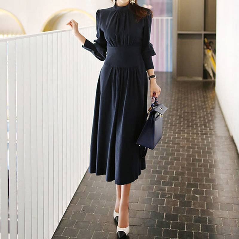 ワンピース ドレス ミモレ ロング レディース ボリューム袖 Aライン プリーツ ハイウエスト 大人 可愛い おしゃれ レトロ こなれ感 無地 20代 通勤 デート 普段使い 韓国 オルチャン フレア 上品 ウエストマーク シャーリング シアン ブラック 黒 長袖 S M L XL 春 秋 冬