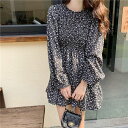 フレアワンピース レディース ラウンドネック シフォン 膝上 ミニ 小花柄 ミニ 長袖 春 秋 ウエストゴム 美脚 脚長 10代 20代 30代 キャンパス 通学 ママ お出かけ 女子会 普段使い デート 公園デビュー 大人可愛い キュート お洒落 オルチャン 韓国 レトロ オシャレ(4)