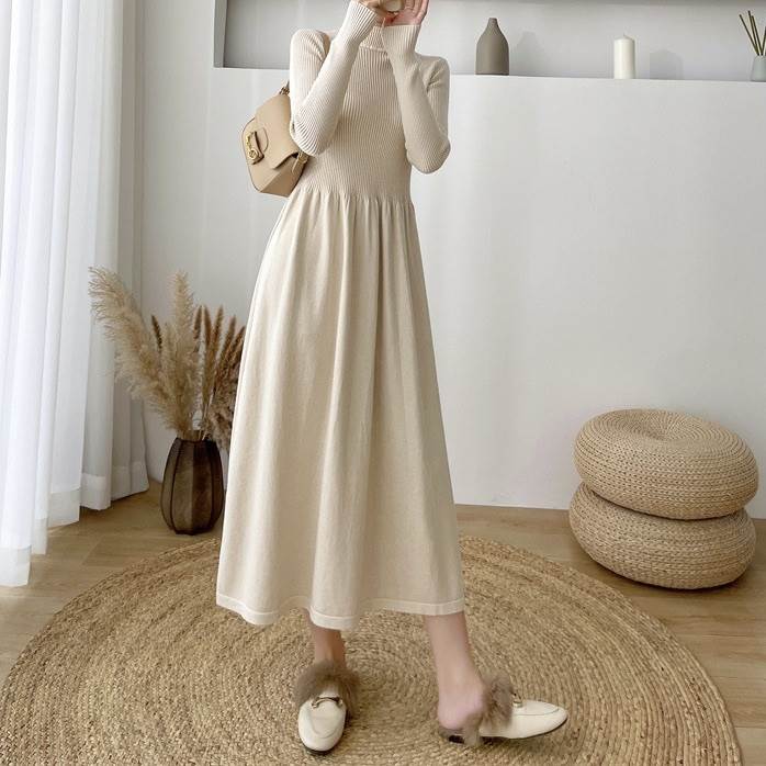 ワンピース レディース フレア ニット リブ ロング 切り替え 長袖 タートルネック フレア Aライン フェミニン ウエストマーク ハイウエスト かわいい 大人可愛い きれいめ シンプル カジュアル おしゃれ かっこいい こなれ感 ガーリー 抜け感 キュート 春 秋 冬 送料無料のサムネイル