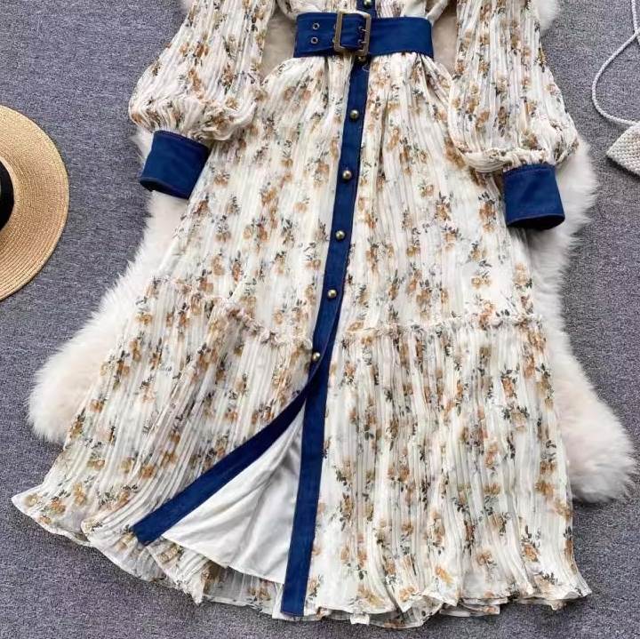 Allegra K シャツ ワンピース ドレス 花柄 フローラルプリント Vネック ボタンダウン ウェストゴム レディース ライトブルー XS