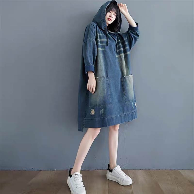 ワンピース プルオーバー パーカー 長袖 Vネック フード ストレート ポケット ヴィンテージ アメカジ ダメージ ウォッシュ フード付き デニム ブルーデニム かわいい 大人可愛い シンプル カジュアル おしゃれ かっこいい レトロ こなれ感 ラフ ガーリー ルーズ 送料無料