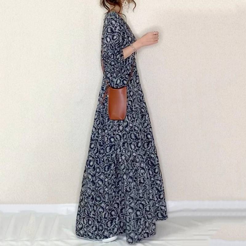 ワンピース レディース ロング丈 柄 長袖 ボリューム袖 Vネック Aライン ハイウエスト 薄手 きれいめ シンプル 上品 お洒落 大人 可愛い 女子 春 秋 10代 20代 30代 体型 カバー 楽ちん ゆったり 普段使い ナチュラル レトロ フェミニン ネイビー 休日 お出かけ デート