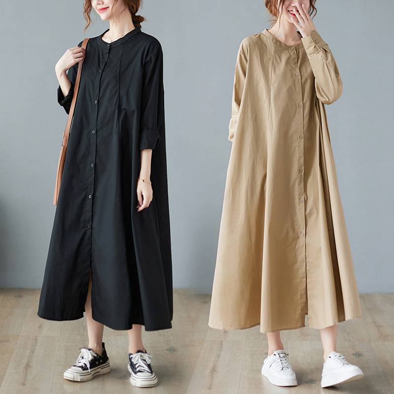 ワンピース レディース シャツ ロング 長袖 ボタン スタンドカラー 前開き 無地 体型 カバー ゆったり シンプル 着痩せ フレア 20代 30代 40代 春 夏 秋 冬 カジュアル ナチュラル 着回し マタニティ ママ 学生 おでかけ 普段使い 楽ちん 黒 カーキ 2色展開 ベーシック
