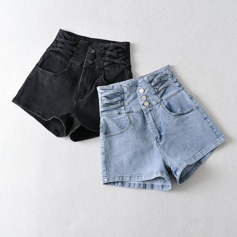 ショートパンツ デニム ハイウエスト ウエストデザイン 個性的 大人可愛い きれいめ シンプル カジュアル お洒落 ラフ マニッシュ ボーイッシュ キュート ガーリー 無地 10代 20代 学生 通学 デート お出かけ 女子会 休日 普段着 着回し 春 夏 ブラック ブルー S M L XL