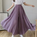 ガウチョパンツ 春 夏 秋 レディース ワイド ロング マキシ丈 ウエストゴム シフォン プリーツ 無地 10代 20代 30代 40代 50代 ママ会 お出か...