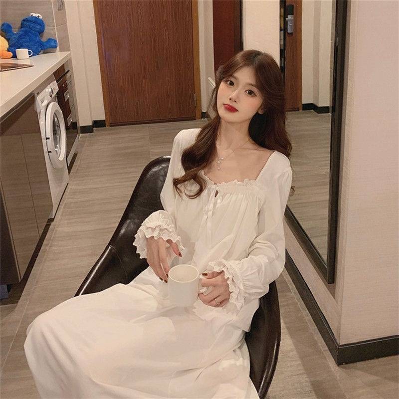 ルームウェア ワンピース パジャマ 寝巻き ナイトウェア ネグリジェ ロング丈 長袖 Uネック レース フリル リボン かわいい ラブリー キュート ガーリー ...