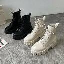 ショートブーツ 5.5cmヒール 厚底 ラウンドトゥ フラット 歩きやすい 履きやすい 防水 撥水 美脚 脚長 レースアップ かわいい シンプル カジュアル か...