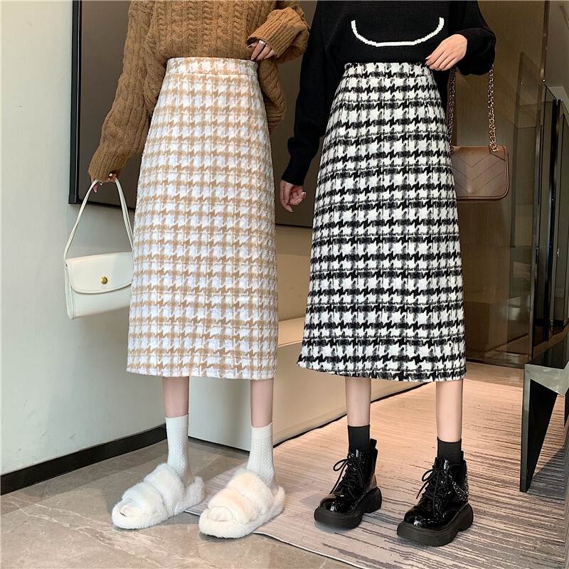 スカート レディース ハイウエスト ロング丈 モード系 大人 可愛い かっこいい セクシー 10代 40代 50代 オシャレ 千鳥柄 春 夏 秋 冬 オールシーズン 韓国 ファッション コーデ 誕生日 デート お出かけ 女子会 休日 パーティー イベント S M L XL ブラック アプリコット