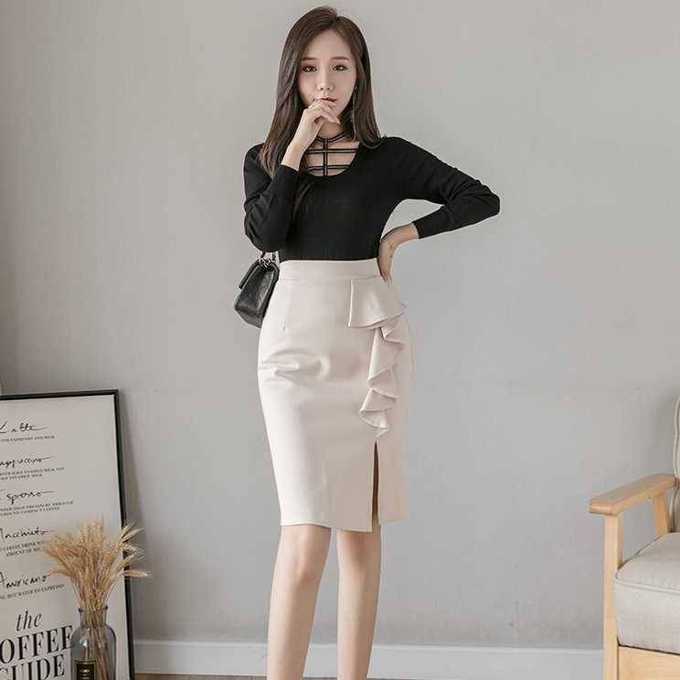 タイト スカート 膝上 レディース 春 夏 無地 ブラック アプリコット レッド 3色展開 スリム フリル ス..