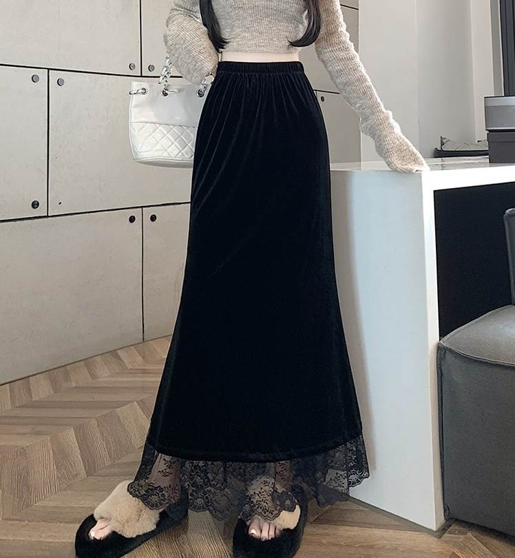 ボトムス ロングスカート レディース フレアスカート ハイウエスト ウエストゴム ベルベット レース 刺繍 きれいめ シンプル 上品 おしゃれ カジュアル こなれ感 個性的 レトロ 主役級 存在感 抜け感 秋 冬 ベーシック 送料無料 ワンカラー S M L XL お出かけ 脚長効果のサムネイル