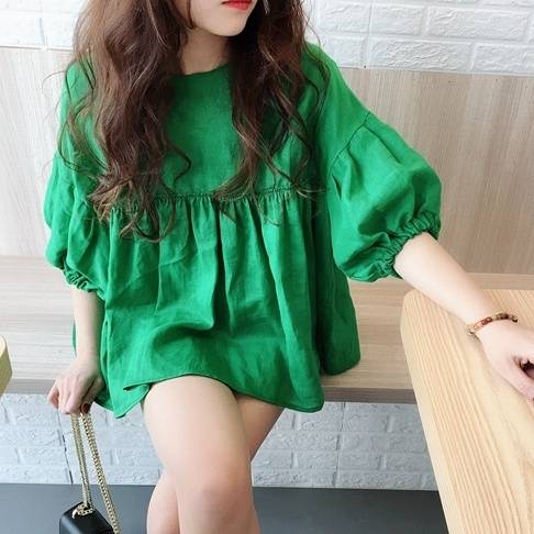 トップス レディース ブラウス シャツ チュニック 七分袖 春 夏 無地 ホワイト グリーン ピンク 3色展開 ラウンドネック ボリューム袖 イベント 休日 お出かけ デート 普段使い 着回し お洒落 ガーリー カジュアル 大人 かわいい シンプル こなれ感 ナチュラル ワンサイズのサムネイル