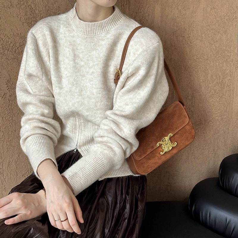 トップス セーター レディース 長袖 クルーネック プルオーバー ショート丈 ハーフジップ かわいい 大..