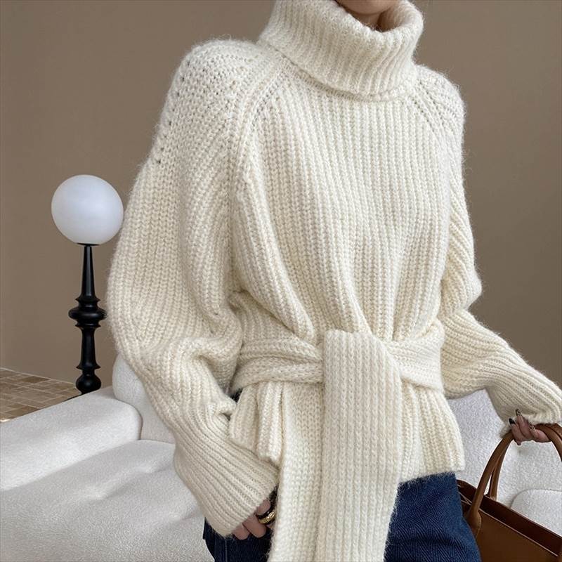 トップス ニット セーター レディース 長袖 ボリューム袖 ハイネック タートルネック オーバーサイズ フェミニン ハイウエスト リブニット ベルト付き シンプル 上品 こなれ感 エレガント 抜け感 都会的 無地 送料無料 白 茶 ベージュ グレー フリーサイズ お出かけ 着回しのサムネイル