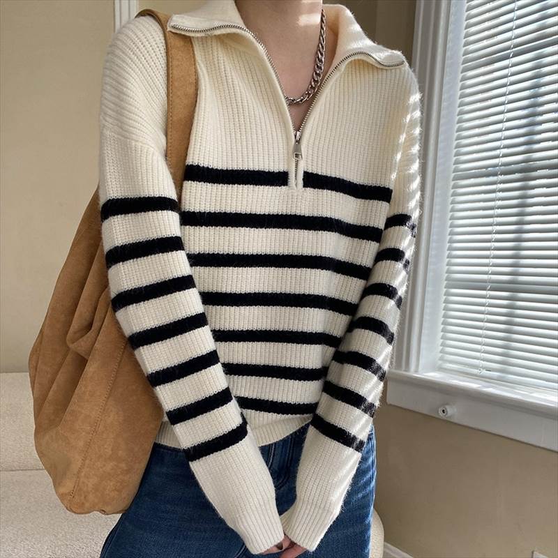 トップス セーター プルオーバー レディース 長袖 ハイネック オーバーサイズ ストリート ヴィンテージ アメカジ ジッパー ハーフジップ ニット 大人可愛い きれいめ シンプル カジュアル おしゃれ こなれ感 メンズライク マニッシュ 送料無料 アイボリー 黒 フリーサイズのサムネイル