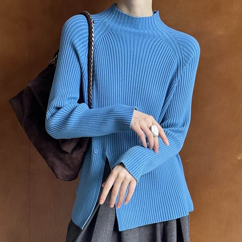 トップス セーター レディース アシンメトリー 長袖 ボトルネック フェミニン 重ね着 スリット ボタン リブニット 大人可愛い おしゃれ レトロ こなれ感 クール エレガント モダン 抜け感 クラシカル ベーシック アメリカン 送料無料 青 ベージュ グレー 黒 フリーサイズのサムネイル