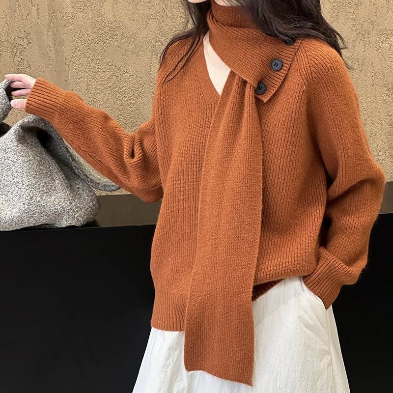 トップス ニット セーター レディース 長袖 Vネック ドッキング オーバーサイズ フェミニン ストリート ボタン ヴィンテージ おしゃれ こなれ感 個性的 クール エレガント モダン 存在感 ベーシック アクティブ お出かけ 送料無料 オレンジ オフホワイト グレー フリーサイズのサムネイル