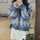 トップス レディース ニット セーター 長袖 ラウンドネック アーガイル 柄 きれいめ シンプル カジュアル 大人 上品 おしゃれ かっこいい レトロ 抜け感 ...
