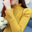 トップス レディース ニットソー 長袖 フリルネック レース リブ タイト 無地 夏 秋 大人 かわいい 上品 きれいめ お洒落 シンプル カジュアル ナチュラル フェミニン エレガント 休日 お出かけ デート 通勤 通学 学生 OL オフィス 普段使い 着まわし 9色展開 ワンサイズ(4)