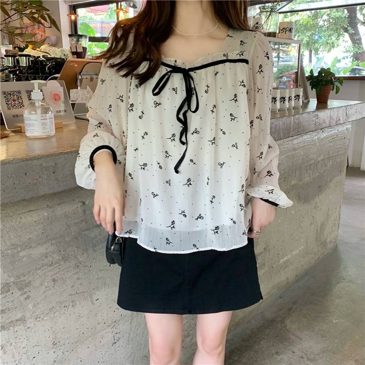 トップス レディース ブラウス カットソー 長袖 スクエアネック 柄 リボン 大人 可愛い きれいめ 上品 ..