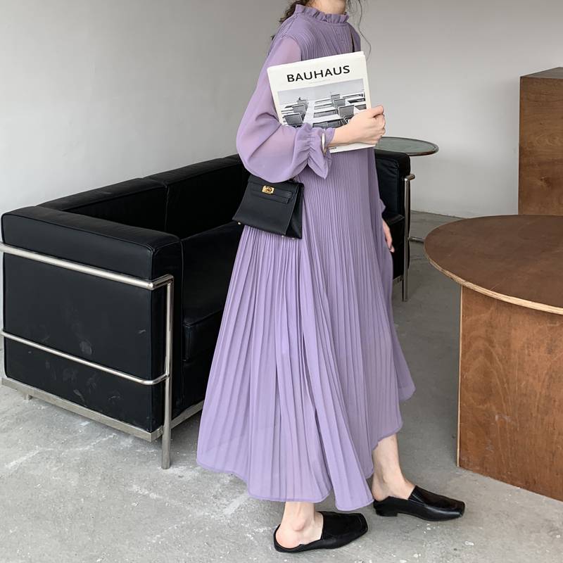 ロング ワンピース プリーツ 長袖 レディース 春 無地 パープル 透け感 切り替えデザイン ハイネック フレア フリル 体型 カバー 休日 お出かけ デート 普段使い おしゃれ カジュアル きれいめ シンプル こなれ感 ナチュラル フェミニン ゆったり 10代 20代 30代 ワンサイズのサムネイル