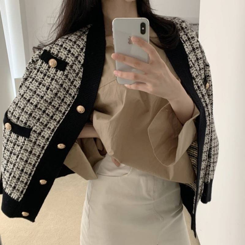 カーディガン トップス アウター ジャケット 長袖 Vネック 切り替えデザイン 前開き ツイード 厚手 格子柄 秋 冬 10代 20代 30代 レディース ママ マタニティ 通勤 通学 デート お出かけ 休日 旅行 着回し ブラック ホワイト きれいめ こなれ感 エレガント フェミニン 2