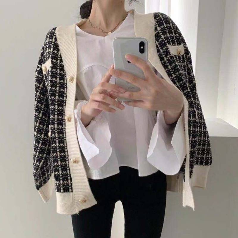 カーディガン トップス アウター ジャケット 長袖 Vネック 切り替えデザイン 前開き ツイード 厚手 格子柄 秋 冬 10代 20代 30代 レディース ママ マタニティ 通勤 通学 デート お出かけ 休日 旅行 着回し ブラック ホワイト きれいめ こなれ感 エレガント フェミニン 3