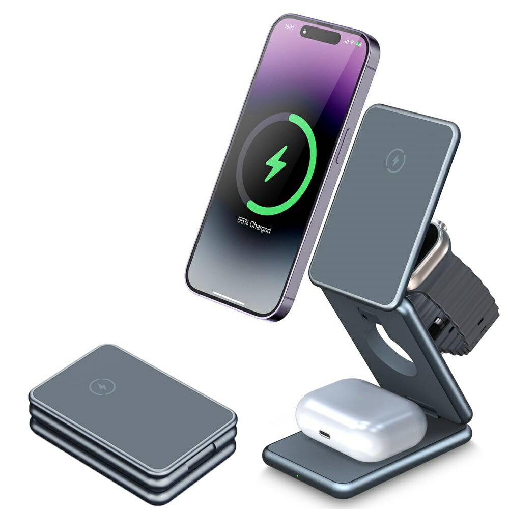 【折り畳み式3in1充電器】MagSafe対応 ワイヤレス充電器 最大15W 急速充電 iPhone/AirPods/Apple Watch対応 スマホスタンド機能付き