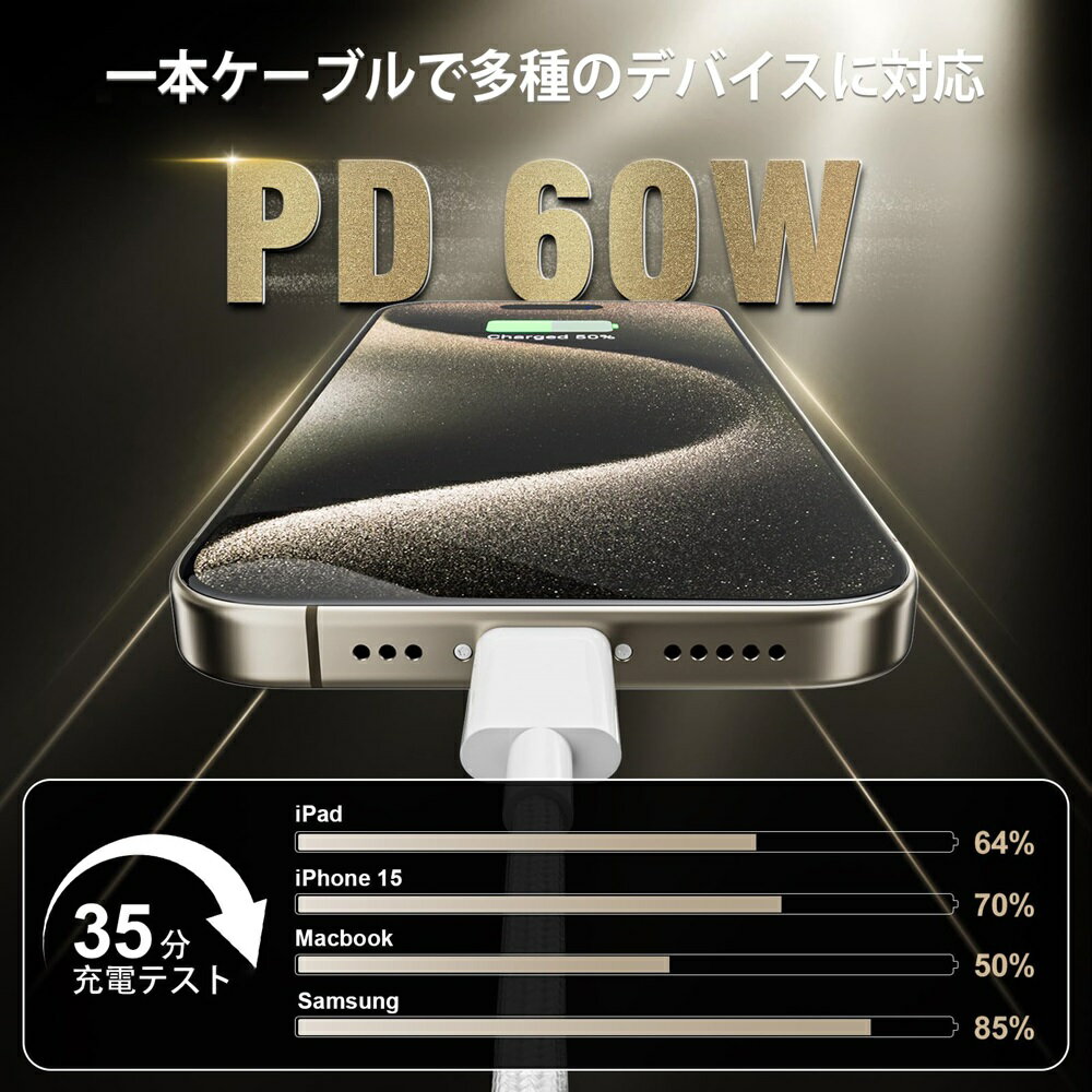 USB Type C 充電ケーブル PD対応 60W 急速充電 タイプC ケーブル 高耐久ナイロン iPhone 16 iPhone 15、MacBook Pro、Matebook、iPad、Xperia、Samsung Galaxy、Sony、Pixel等USB-C機種対応 (1m,White)