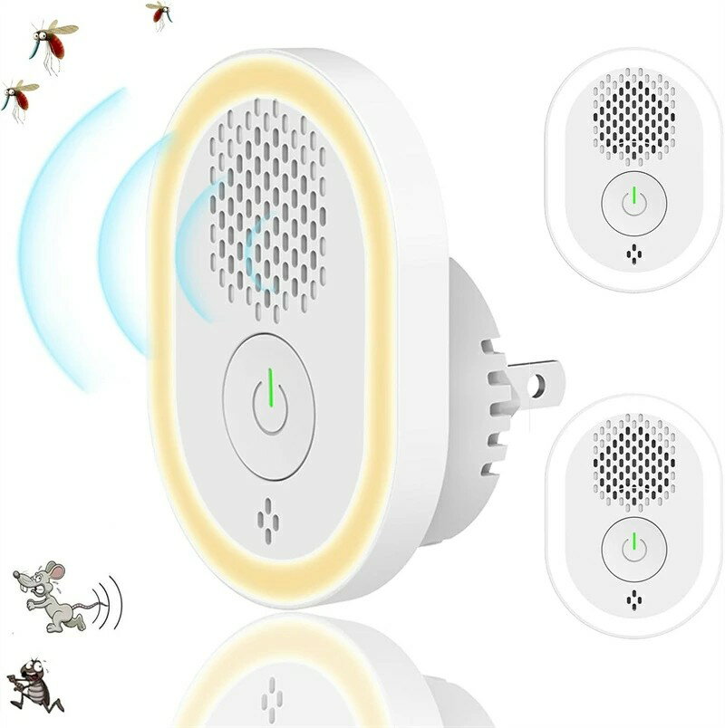 超音波害虫駆除機 ネズミ 虫 蚊 駆除 撃退 虫除け器 360°全方位超音波式 無臭無毒無薬害 静音 常夜灯 光感知センサーライト 全年間使用可能 ゴキブリ/蚊/アリ/ハエ/ノミなどに対応 コンセント式 省エネ 【2個セット】