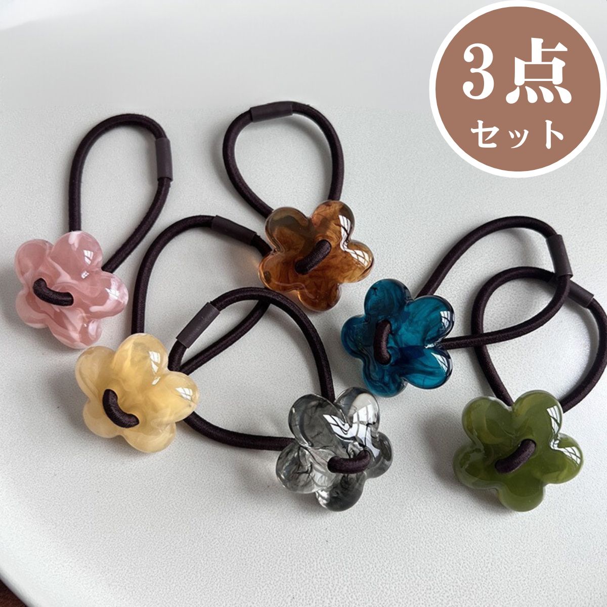 【まとめ買いに最適】ヘアゴム 大人っぽい 3色セット お花 ヘアアクセサリー おしゃれ ストーン 華やか..