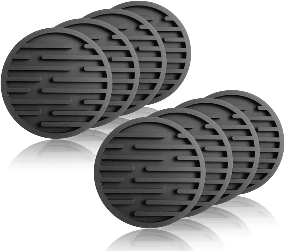8枚セット コースター シリコン おしゃれ 丸型 耐熱性 柔軟性 直径約10cm 黒 (ブラック雲紋)