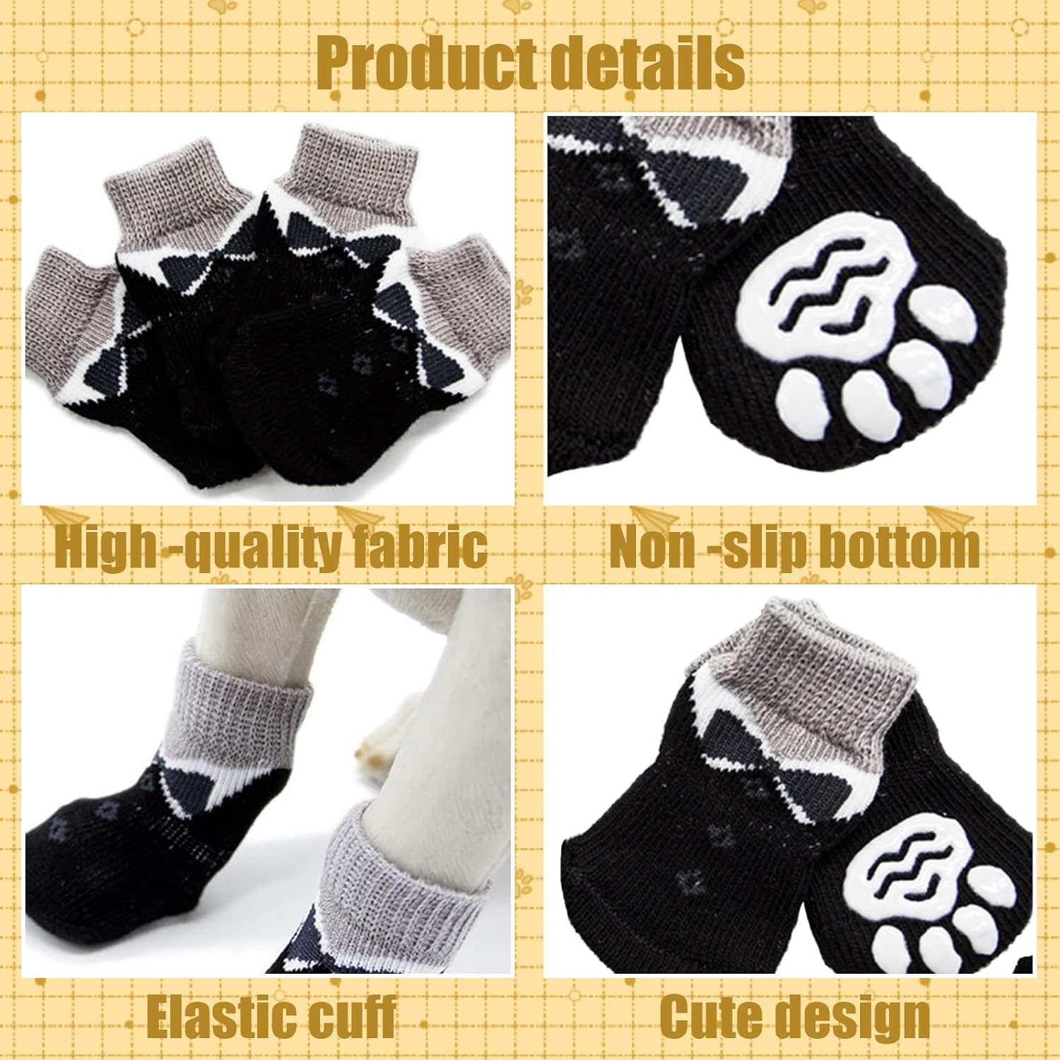 ペット用靴下 犬用 ソックス 4個セット 滑り止め 黒 かわいい 柔らかい 肉球保護 防寒 ペット用品 クリスマス/室内/室外 3