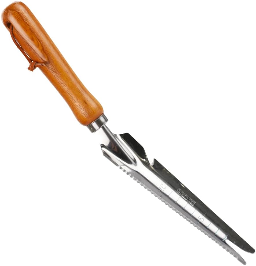 草取りフォーク スコップ 目盛り付き 植え替え 鉢寄せ 除草 移植 土起こし 木製ハンドル ストラップ穴