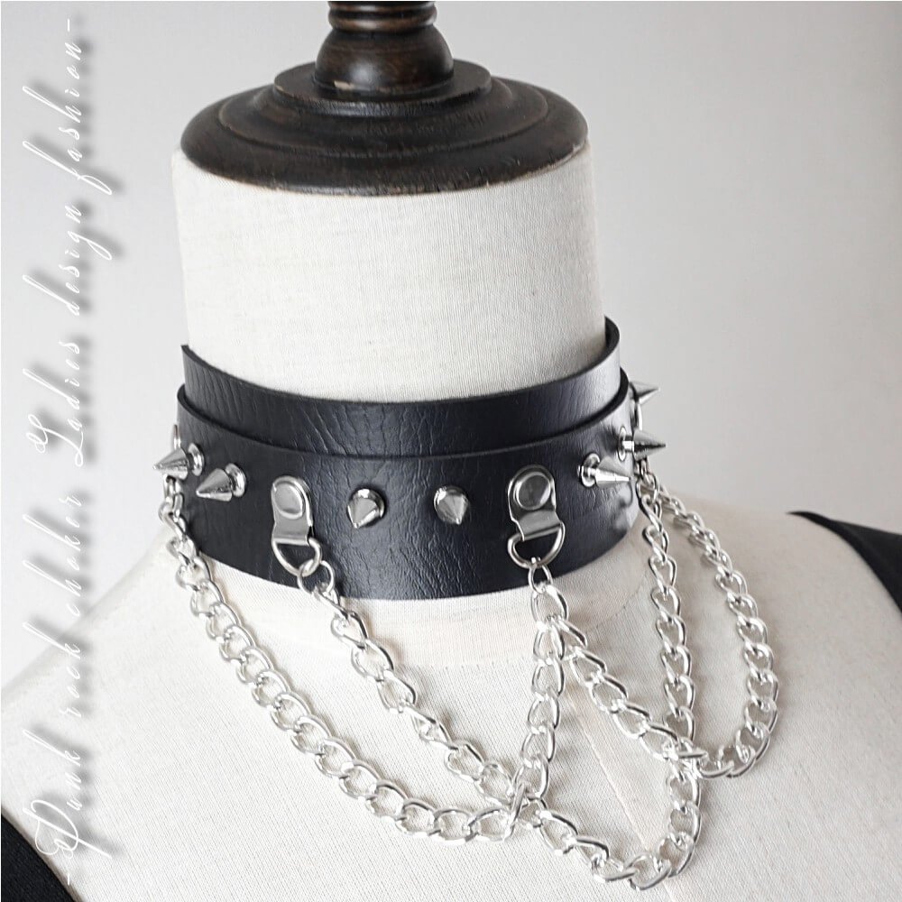 【毎日当日発送】 3連チェーン スタッズ ニードル チョーカー ブラック モード系 首輪 PUレザー パンクロック ベルト 太め ゴスロリ ダンス衣装 シルバー...