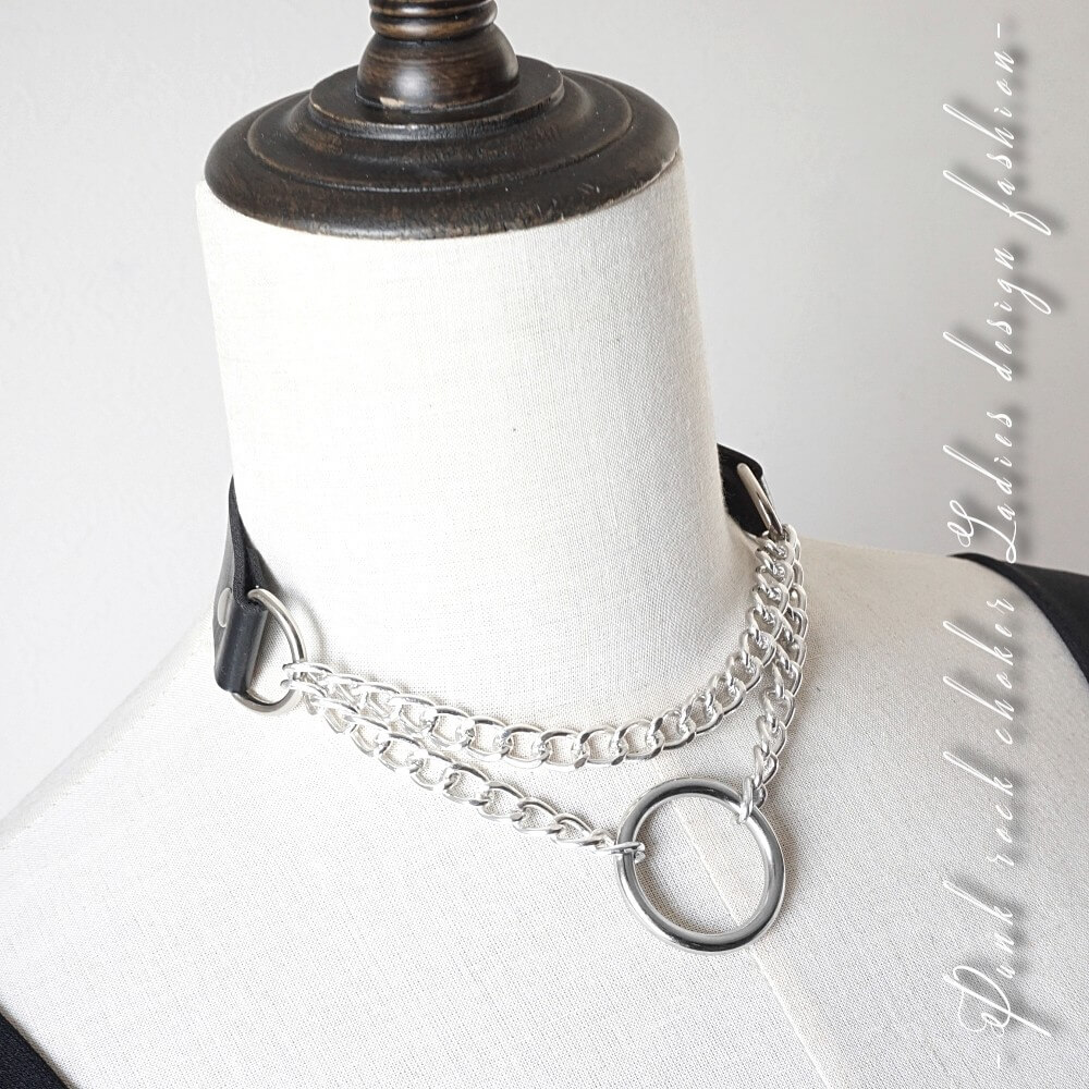 【毎日当日発送】 シルバーリング チョーカー 黒 モード系 PUレザー パンクロック ストリート系 V系 ベルト 細め 鎖 チェーン ゴスロリ ダンス衣装 ネッ...