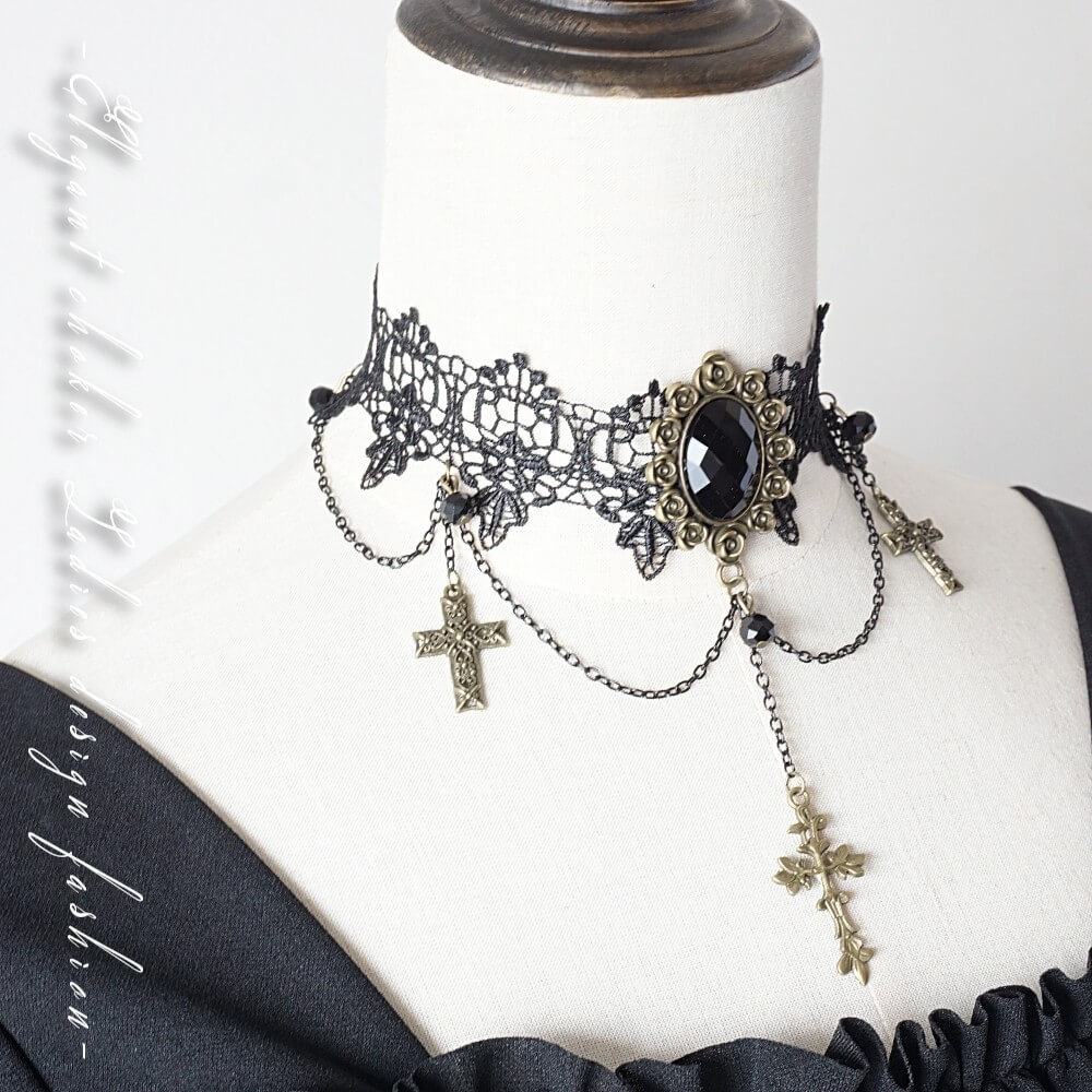 【毎日当日発送】 チョーカー 黒 ブラック レディース クロス 十字架 大人 可愛い コスプレ ハロウィン ゴスロリ ダンス 衣装 レース ネックレス 原宿系 ...
