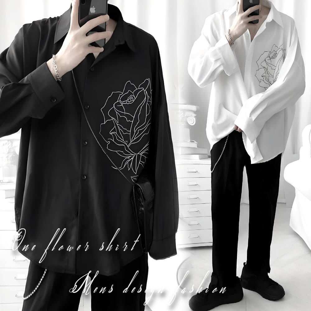 在庫限り【土日も発送】 モード系 一輪 花柄 シャツ 長袖 薄手 ブラック ホワイト アート 薔薇柄 バラ柄 デザイン ロング トップス ストリート ダンス 衣...
