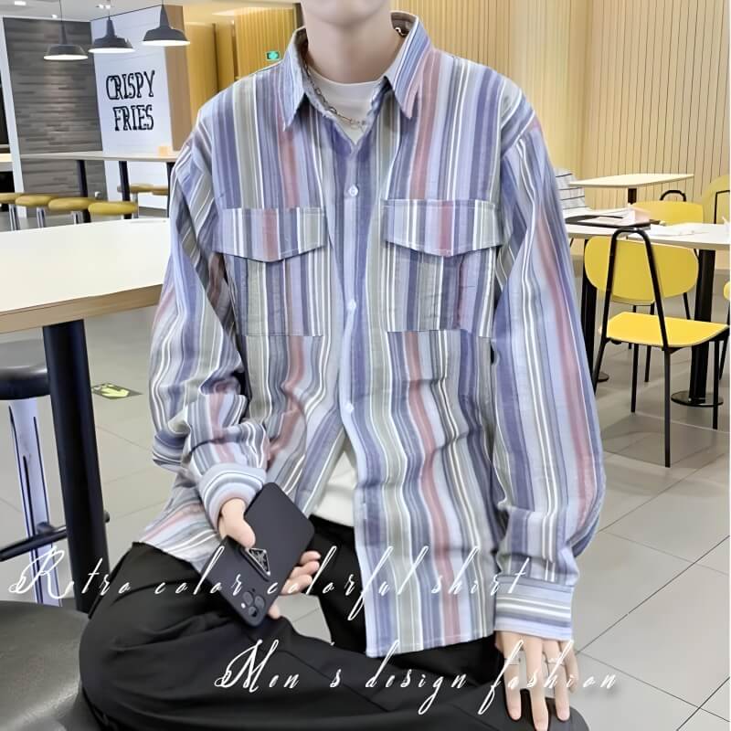 【土日も発送】 レトロカラー 青ベース カラフル ストライプ柄 長袖 シャツ 総柄 ストリート系 個性的 ペイント柄 ブルー ダンス衣装 原宿系 韓国 春夏秋冬...