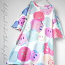 【毎日当日発送】 大きいサイズ カラフルなスマイル柄 Tシャツ 半袖 総柄 トップス カットソー ガーリー 可愛い パジャマ ルームウェア 笑顔 ニコちゃん 原...