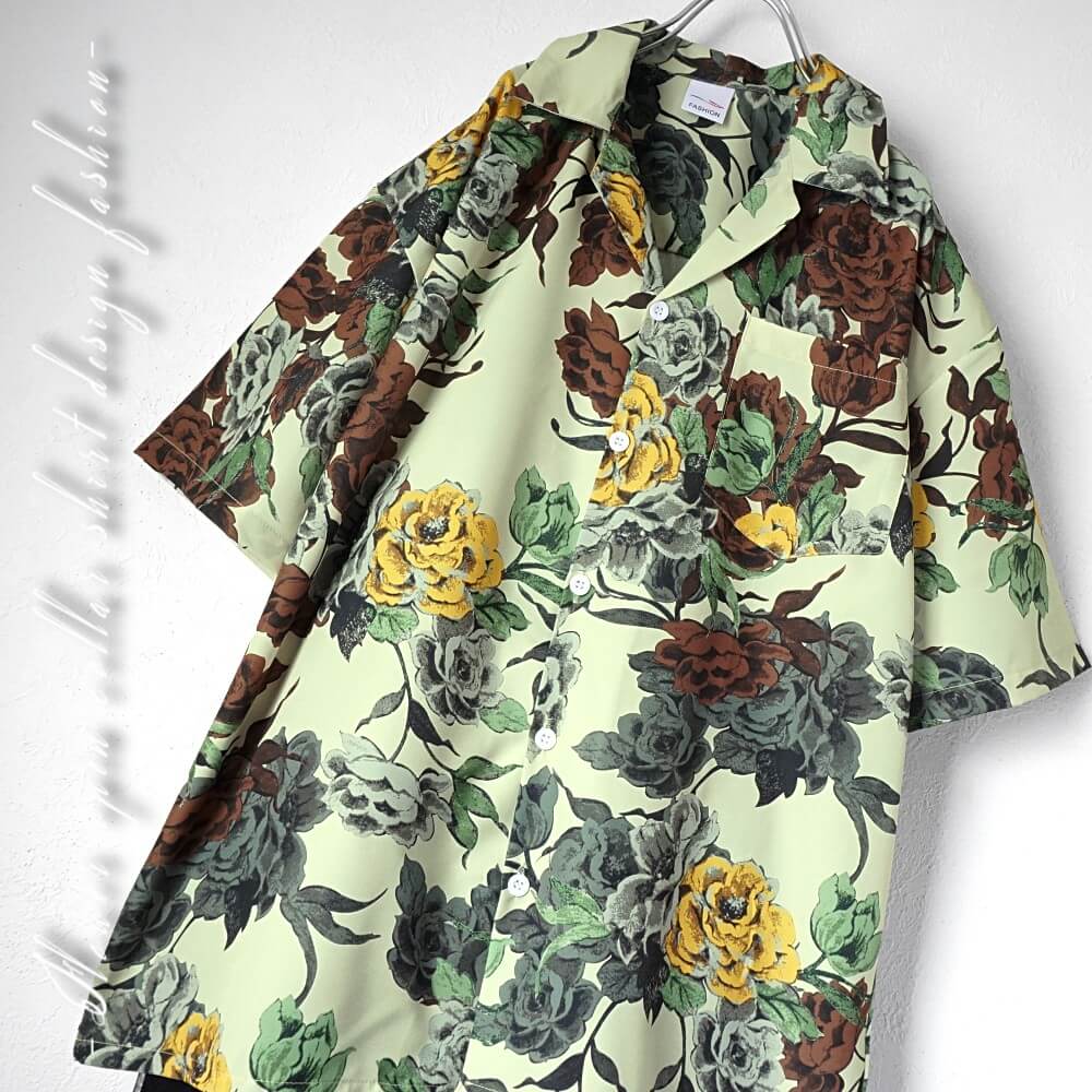 在庫限り【土日も発送】 くすんだ黄緑ベース きれいめ 花柄 開襟シャツ 半袖 総柄 トップス メンズシャツ ボタニカル柄 フラワー ゆったり オープンカラー 原...
