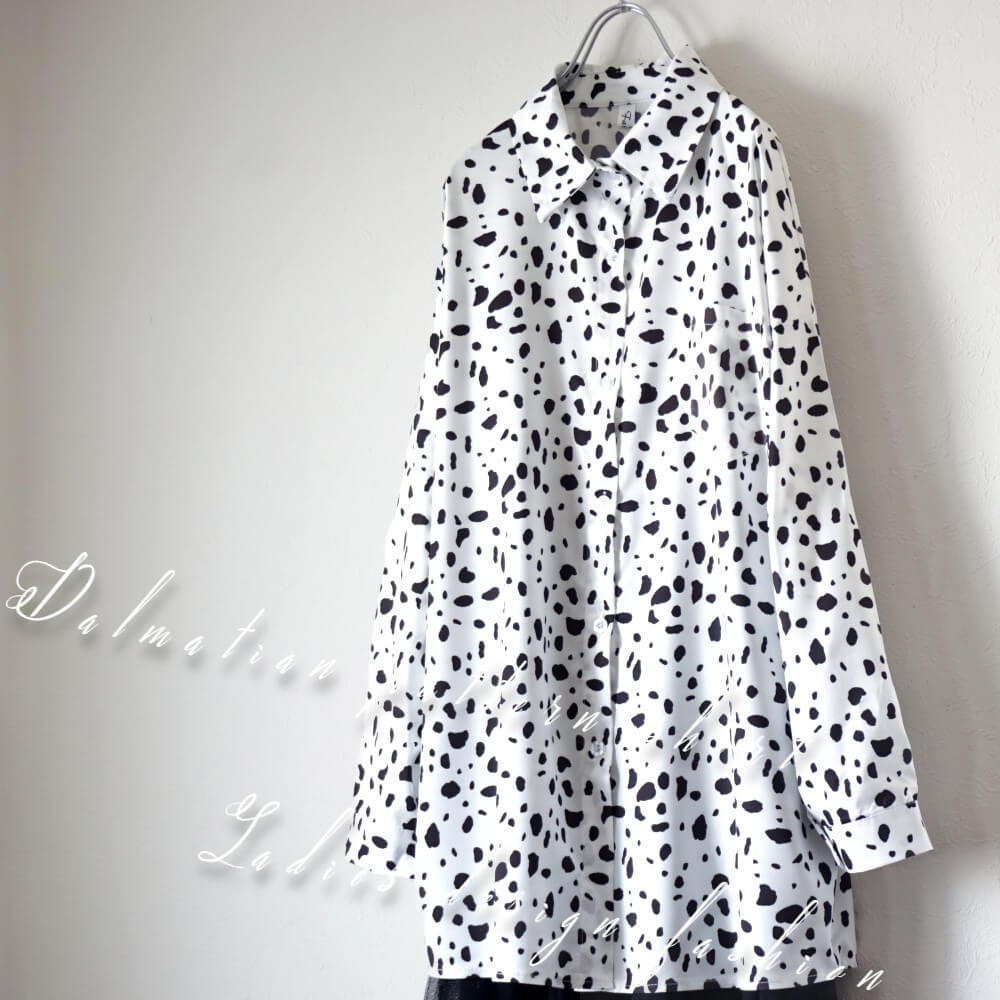 10%オフクーポン 【毎日当日発送】 ダルメシアン柄 総柄 九分袖 シャツ トップス アニマル柄 ドット 水玉 白黒 ブラウス ガーリー ストリート系 フェミニ...