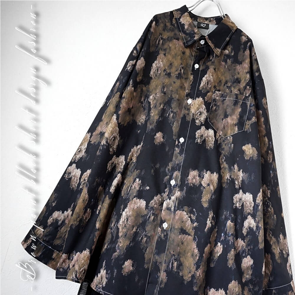 【土日も発送】 大きいサイズ ヴィンテージ風 ブラックベース 油絵風 ブラウンペイント柄 シャツ 長袖 総柄 メンズシャツ 個性的 黒 ダンス衣装 原宿系 韓国...