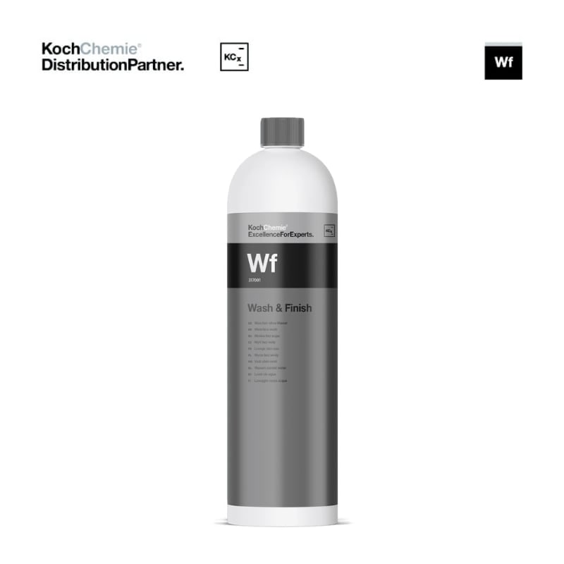 水を使わずに軽度から中度の汚れを素早く除去し、同時に撥水性と光沢を与えるウォーターレスクリーナー。特徴特殊な洗浄成分とポリマーシーラントの組み合わせボディ・ガラス・プラスチック・ホイールなど幅広い素材に対応従来のウォーターレス製品より、洗浄力と仕上がりのバランスに優れる使い方原液をスプレーボトルで施工面に均等にスプレーし、マイクロファイバークロスで汚れを拭き取ります。別のクロスでしっかり拭き上げてください。汚れがひどい場合は再度スプレーします。ご注意高温の表面には使用しないでください。乾燥させないでください。使用前に適合性を確認してください。直射日光の当たる場所や車内、高温や凍結の恐れがある場所には保管しないでください。容器は密閉し、立てて保管してください。仕様ブランドKoch-Chemie（コッホケミー）／ドイツ製品名Wash &amp; Finish 1L略号Wf容量1L希釈原液推奨使用対象ボディ、ガラス、プラスチック、ホイールJANコード4260188686038メーカー品番KJ317001原産国ドイツ日本正規代理店AVAN化成株式会社※輸入商材のため、ボトルにキズや凹みがある場合があります。仕様・パッケージは予告なく変更となる場合があります。画像は実際の商品の色と多少異なる場合があります。モニター発色の具合により色合いが異なる場合がございます。