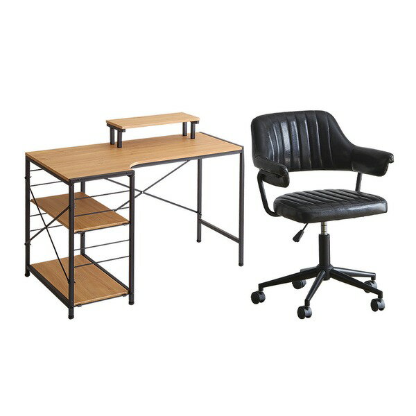 デスクチェア セット パソコンデスク約幅110cm シャビーオーク オフィスチェア ブラック ガス圧昇降 キ..