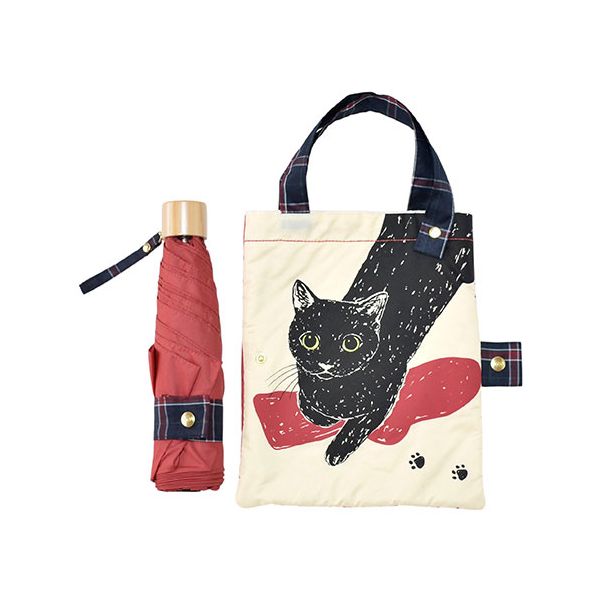 三国 MKN 55cm耐風楽ミニ傘 吸水トートバッグ袋付 黒猫 レッド A2913605