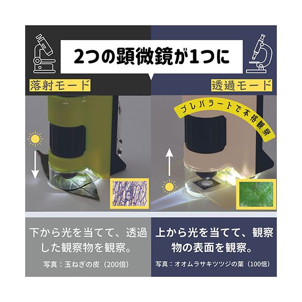 インテリア生活雑貨の店ポライトのレイメイ藤井 ハンディ顕微鏡DX 透過型顕微鏡と落射型顕微鏡が1つに クイックズーム・すぐ試せるプレパラート ブラック RXT1144B｜アングル2