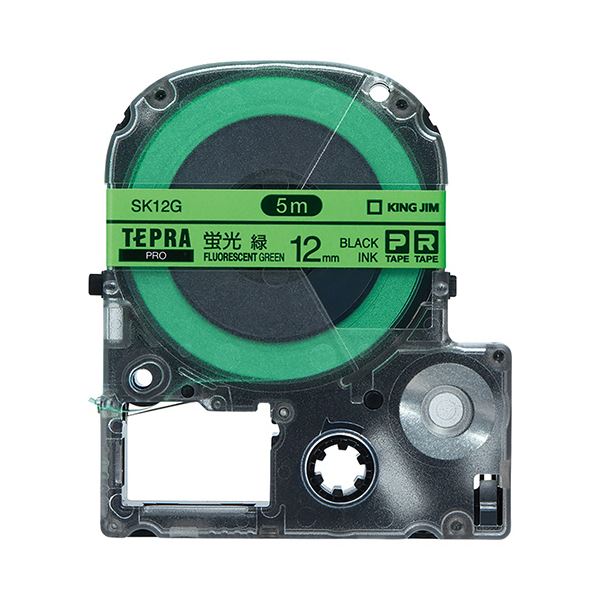 （まとめ） キングジム テプラ PRO テープカートリッジ 12mm 蛍光グリーン／黒文字 SK12G 1個 【×5セッ..